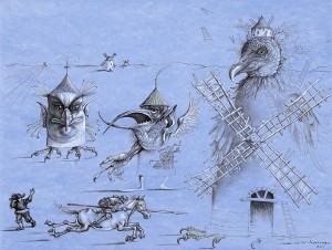 Don Quijote con alma búlgara. Molinos-monstruos I. Tinta china y lápiz blanco, 60 x 80 cm. 2005